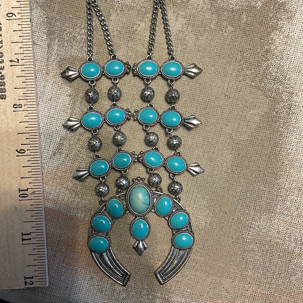 Well made costume squash blossom turquoise Navajo-look silver necklace- extender
